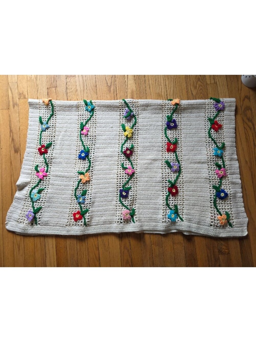 Hand-Crocheted Floral Afghan Blanket With Colorful 3D Flowers On Ivory Backgroun